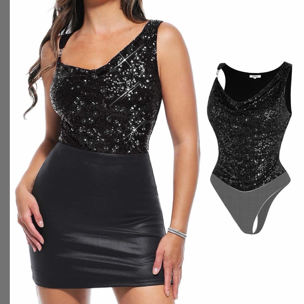 Popilush shape wear Black Sequin Cowl Neck Bodysuit Top summer spring